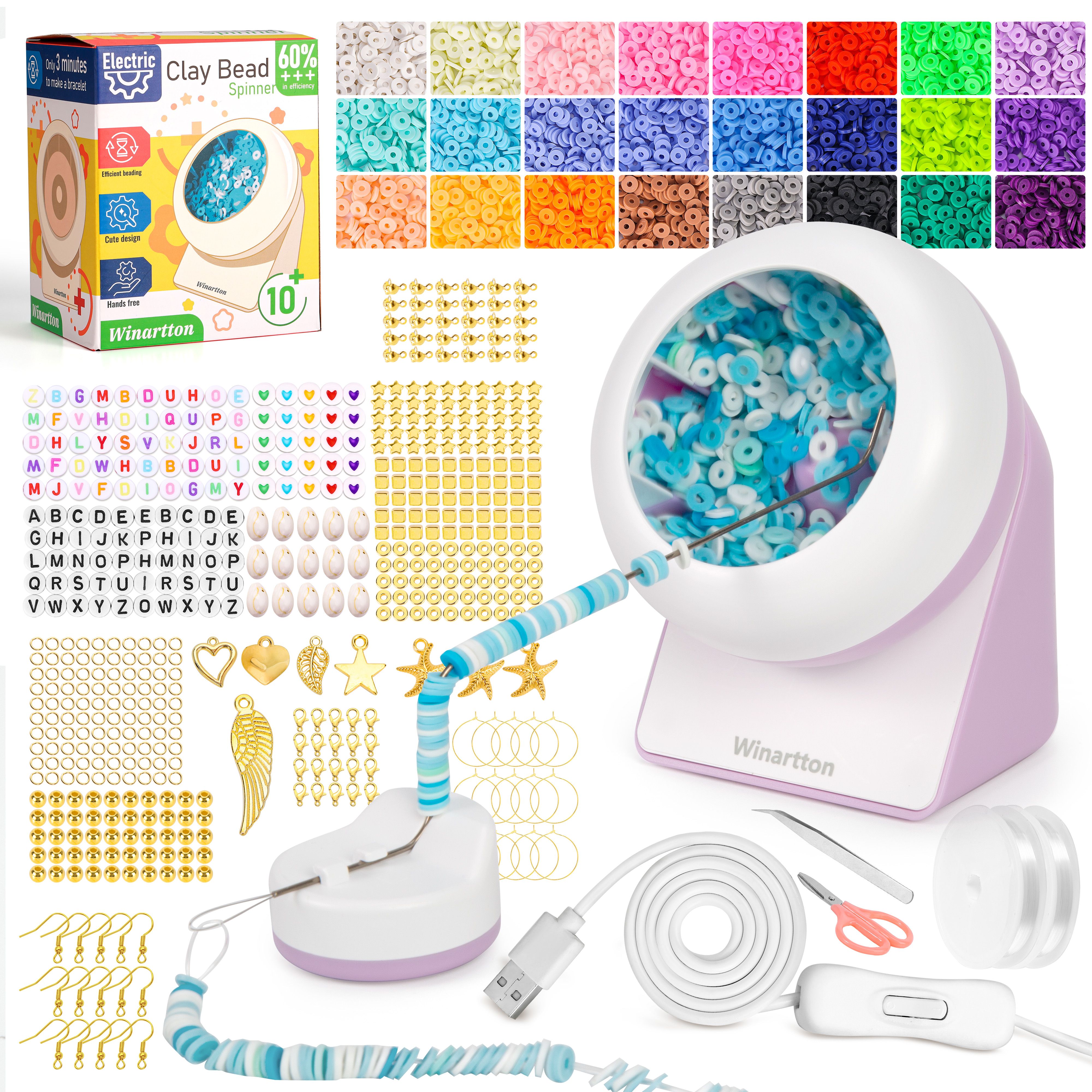  Winartton Clay Bead Spinner Kit with 3600 PCS Clay Beads,  Electric Bead Spinner for Jewelry Making with 220 PCS Beading Pendants and  Replacement Needle for Making Bracelets, Necklace, DIY Gifts 